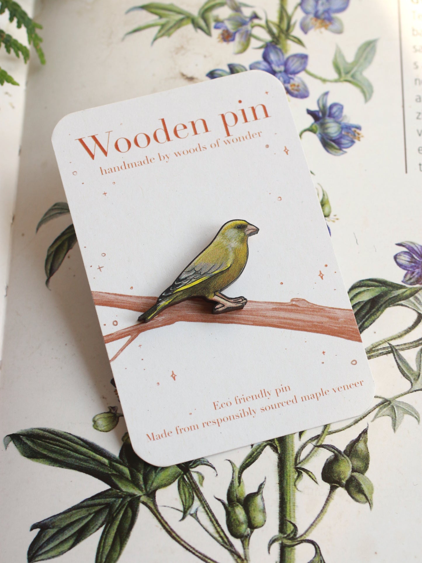 Greenfinch pin - wooden Greenfinch brooch