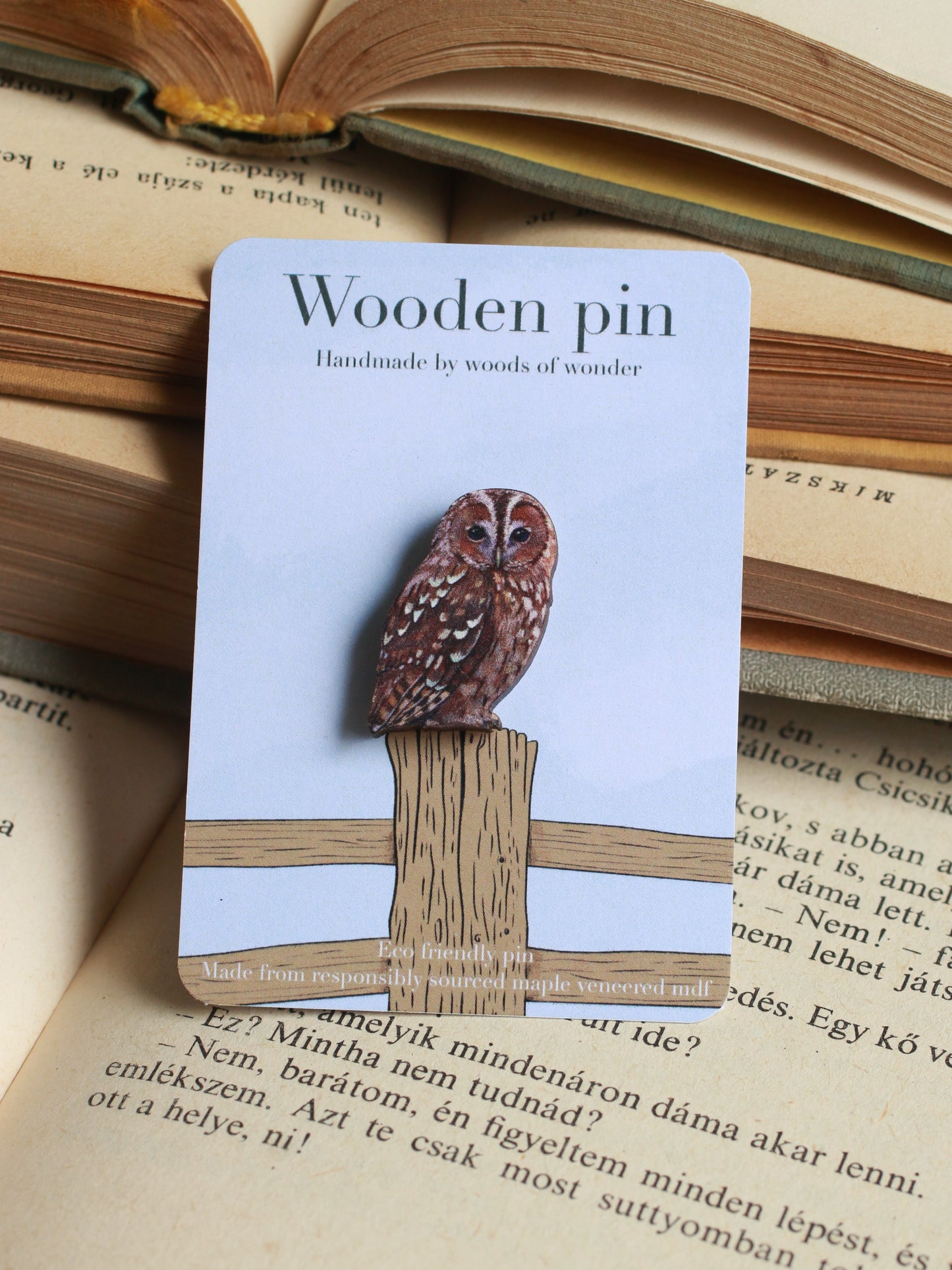 Tawny owl pin - wooden pin