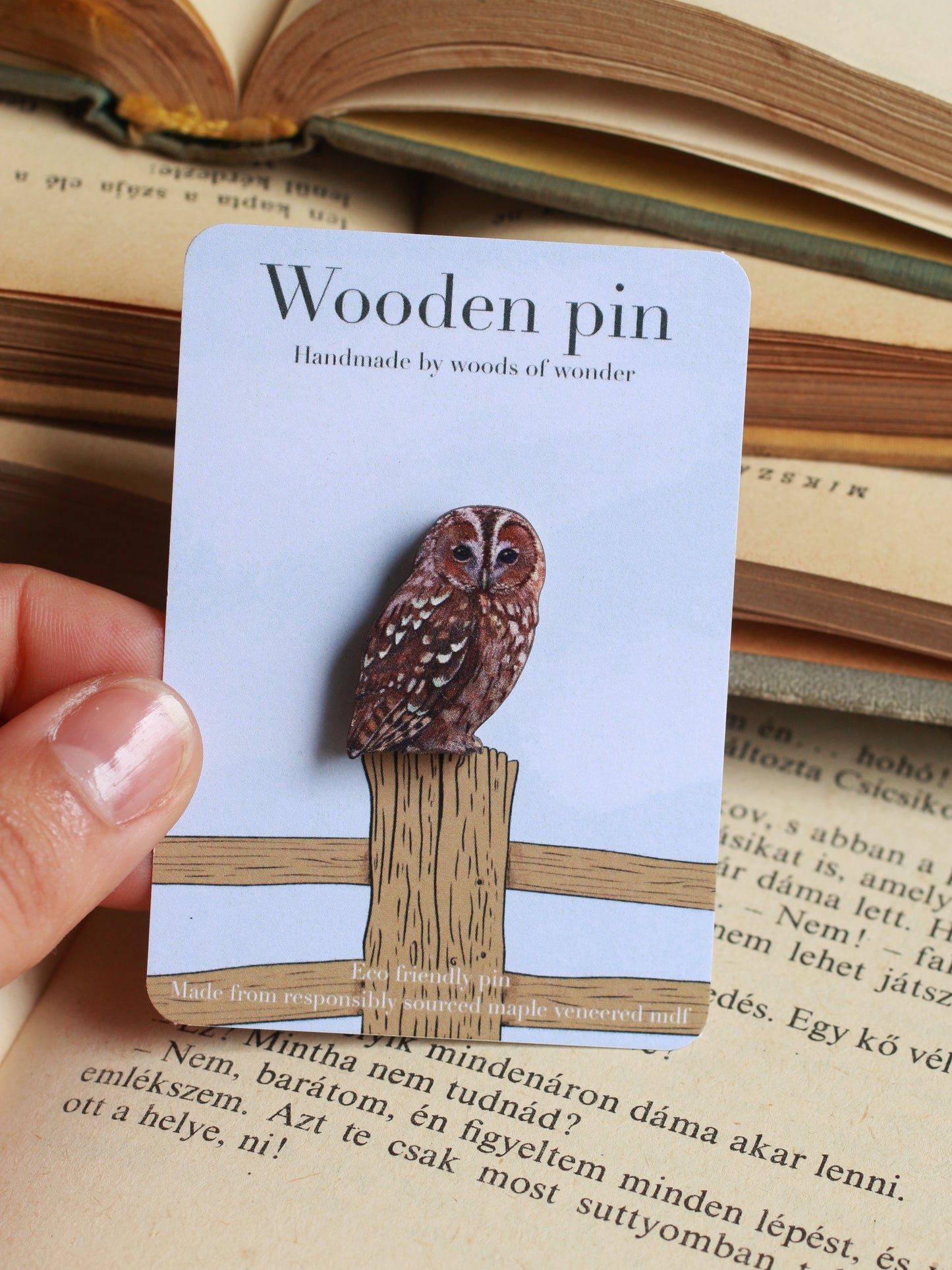 Tawny owl pin - wooden pin