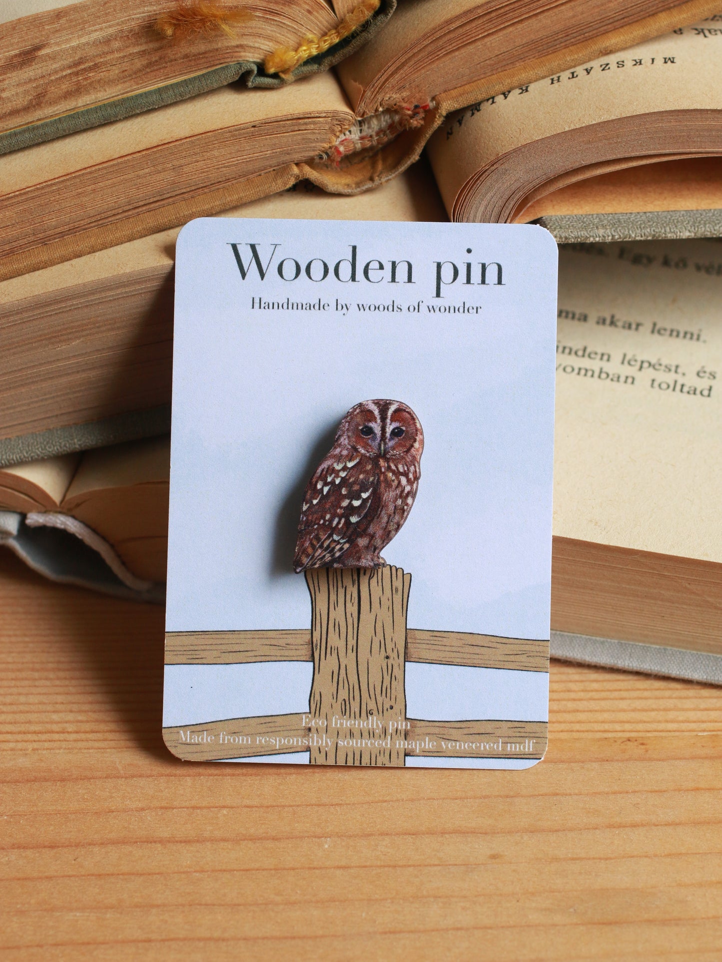 Tawny owl pin - wooden pin