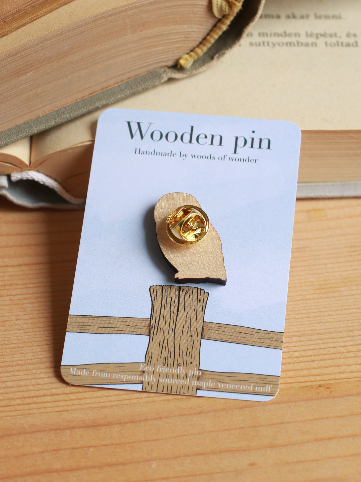 Tawny owl pin - wooden pin