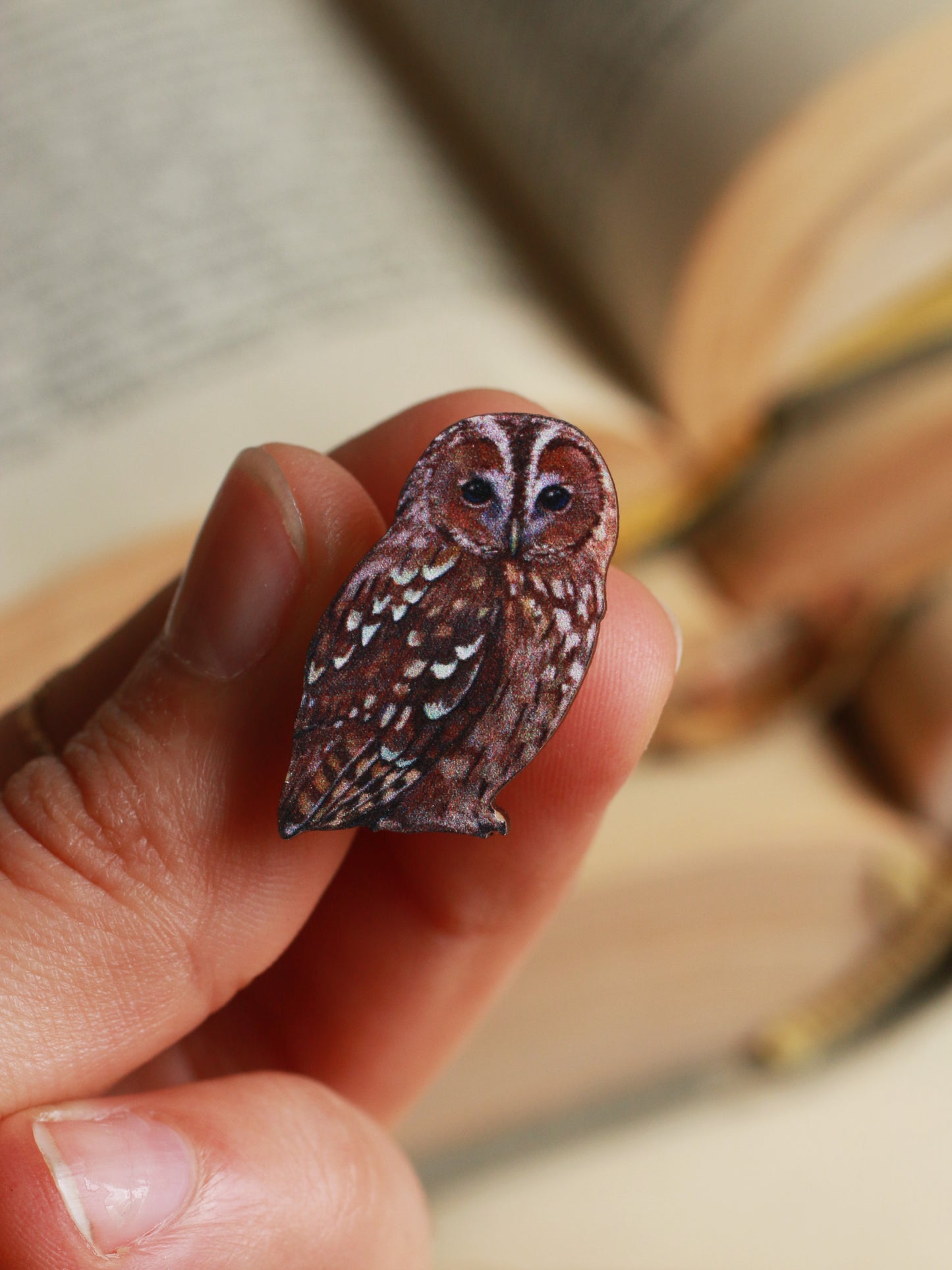 Tawny owl pin - wooden pin