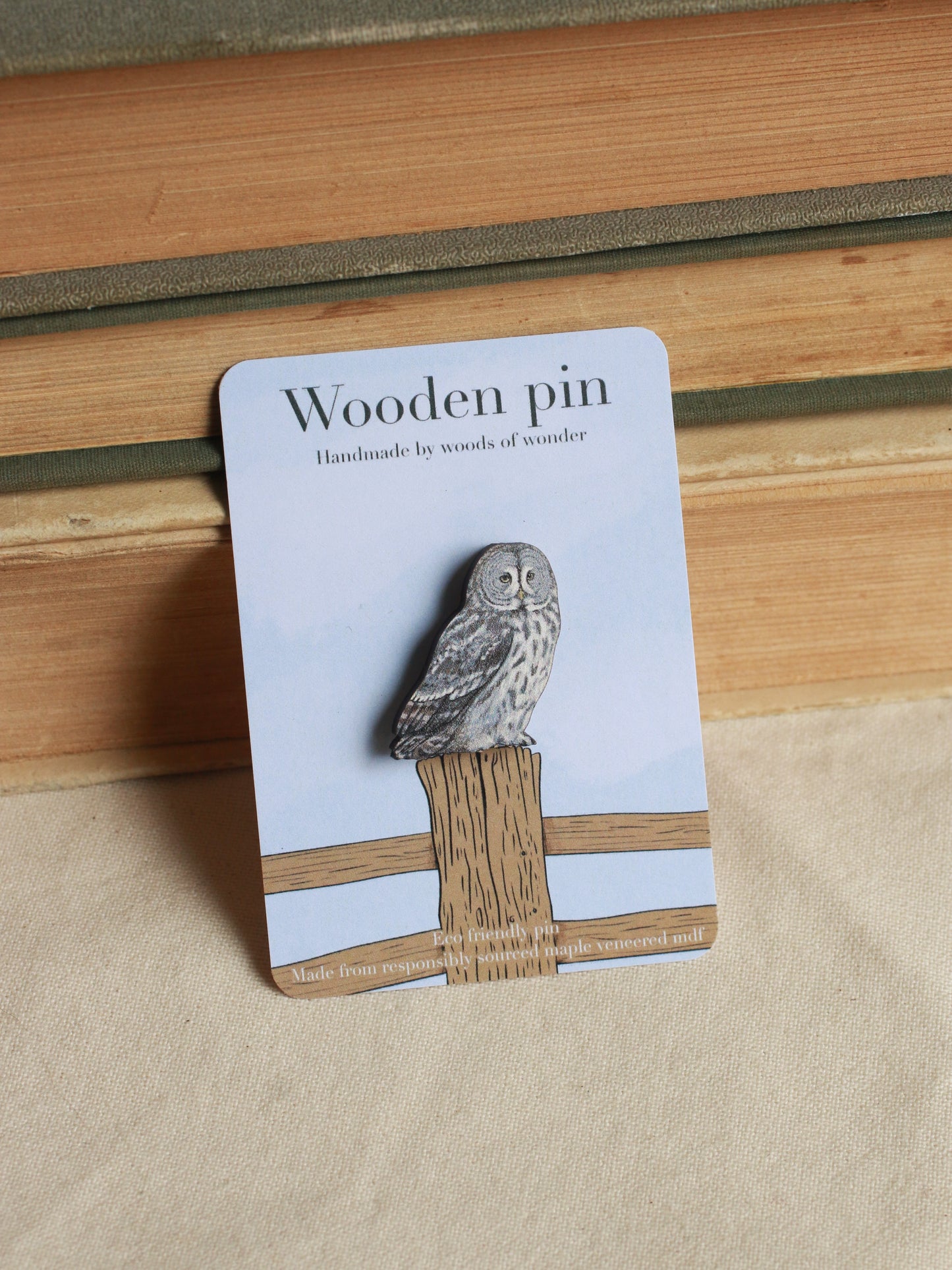 Great gray owl pin - wooden pin