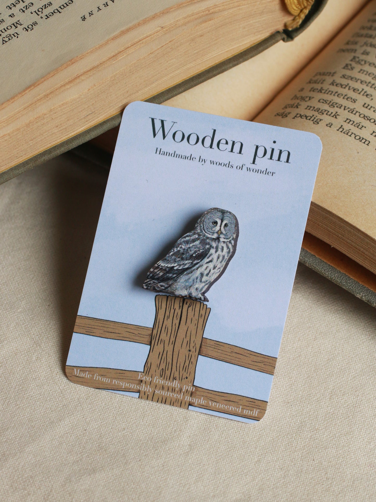 Great gray owl pin - wooden pin