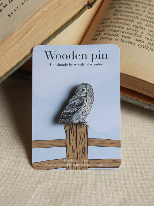 Great gray owl pin - wooden pin