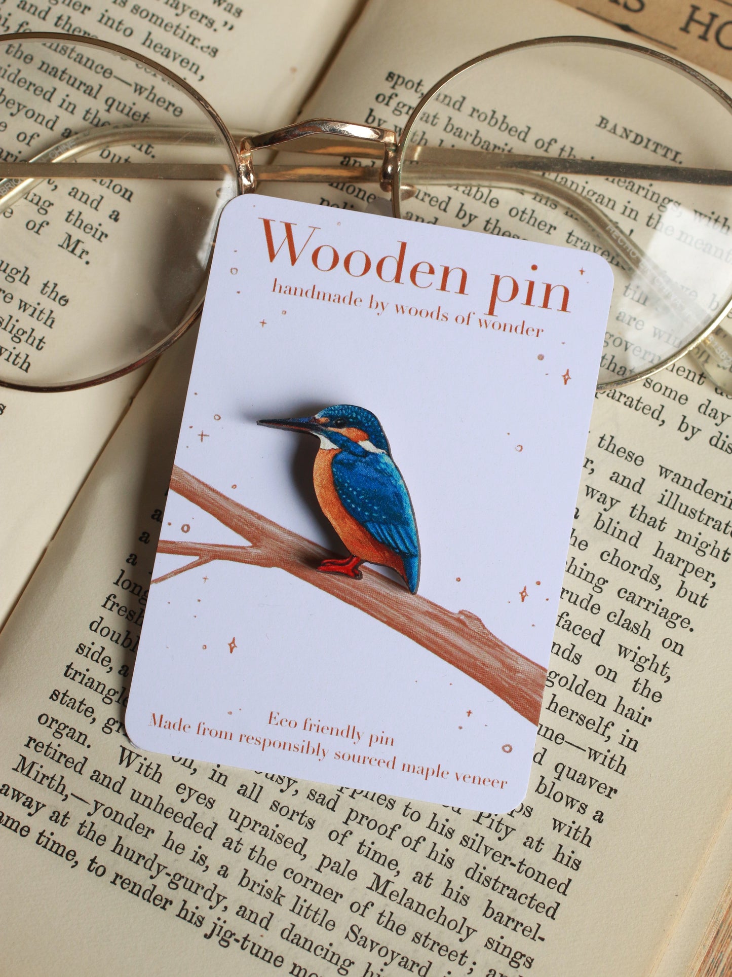 Kingfisher pin - wooden bird pin