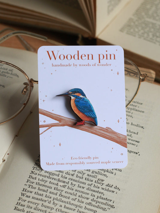 Kingfisher pin - wooden bird pin