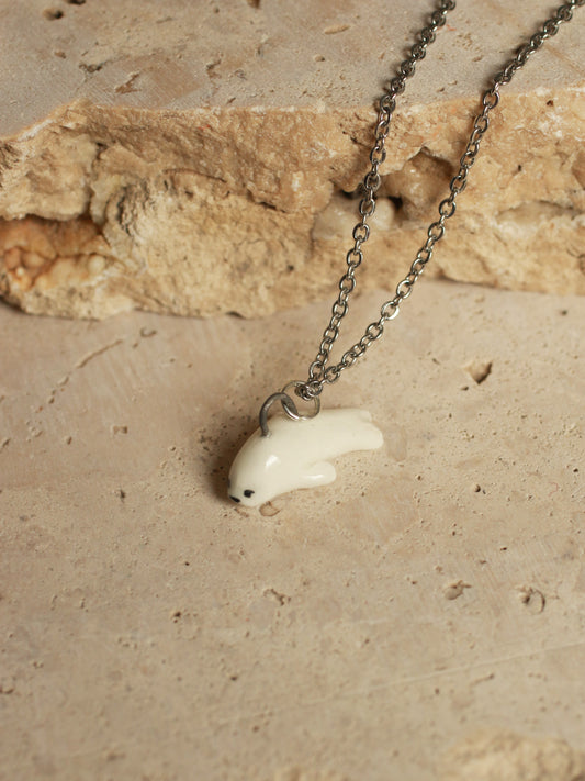 Ceramic baby harp seal necklace