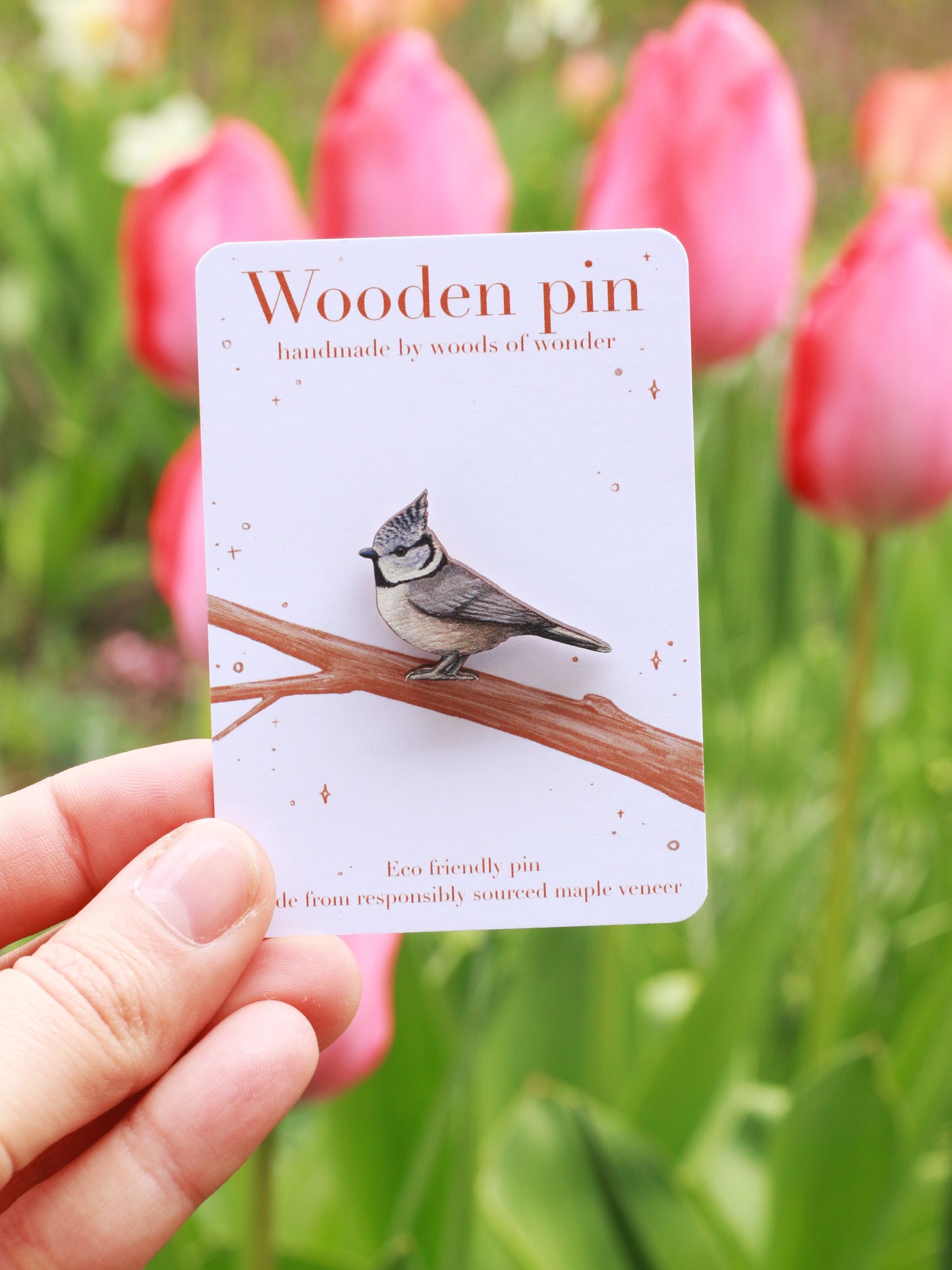 Crested tit pin - wooden bird pin