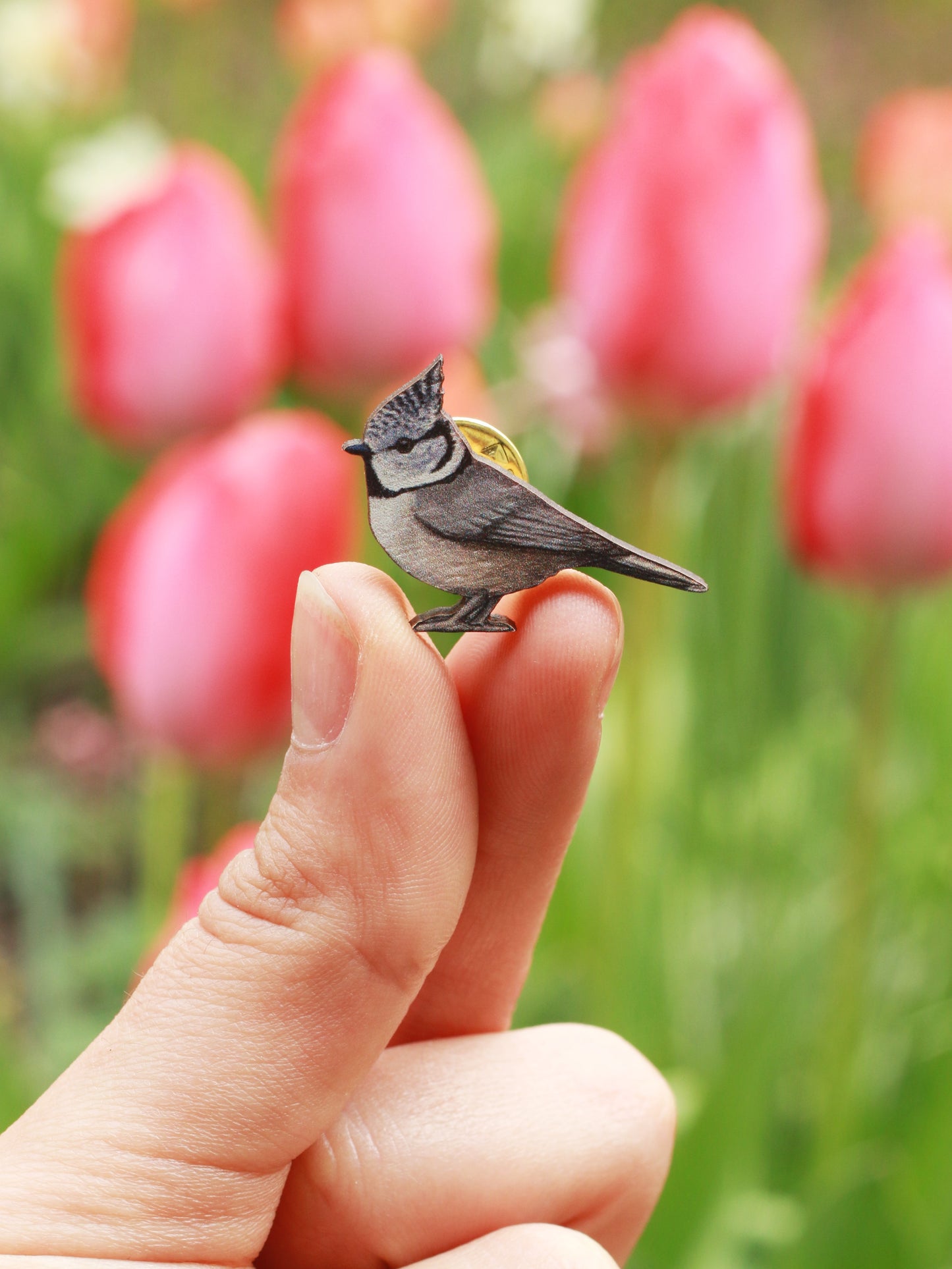 Crested tit pin - wooden bird pin