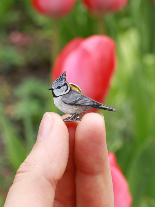 Crested tit pin - wooden bird pin