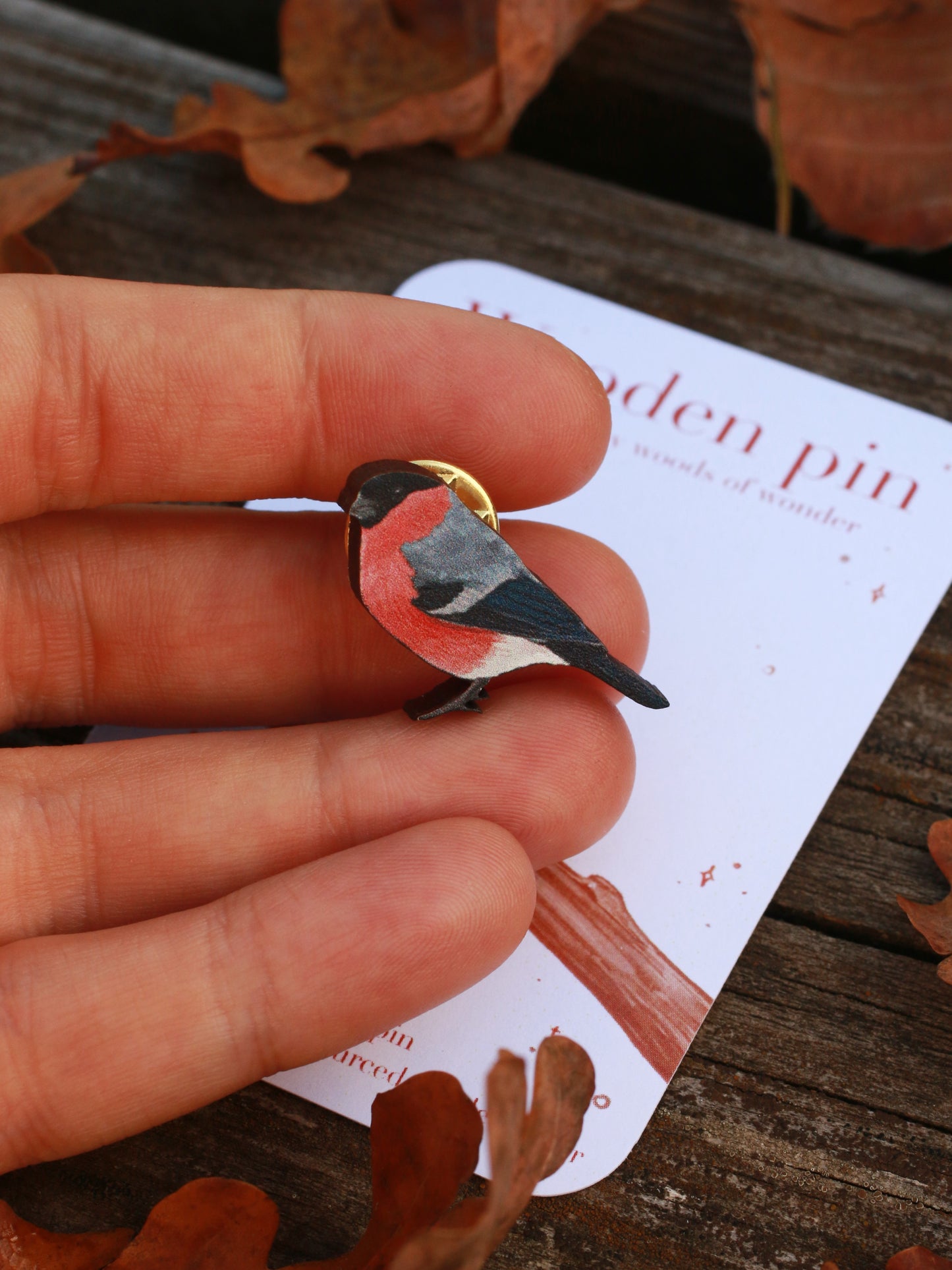 Bullfinch pin - wooden bird pin