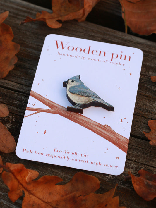 Tufted titmouse pin - wooden bird pin