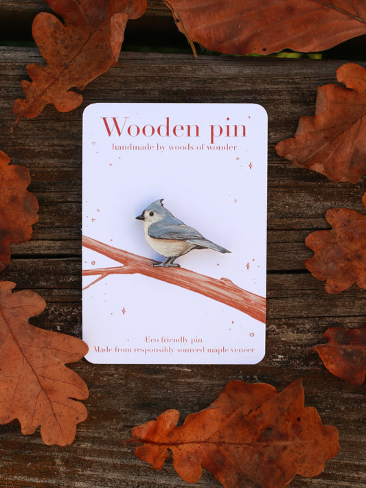 Tufted titmouse pin - wooden bird pin