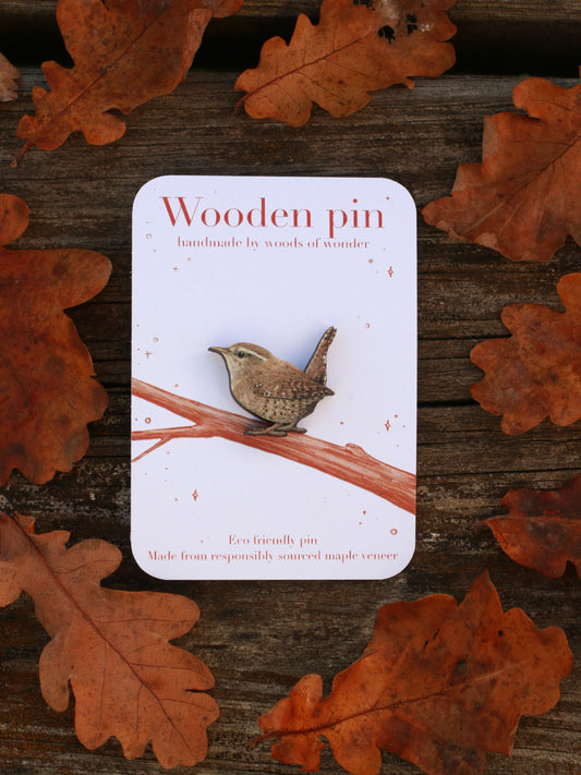 Wren pin - wooden bird pin