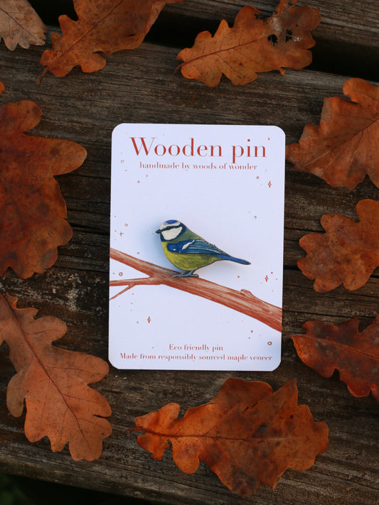Blue tit pin - wooden bird pin