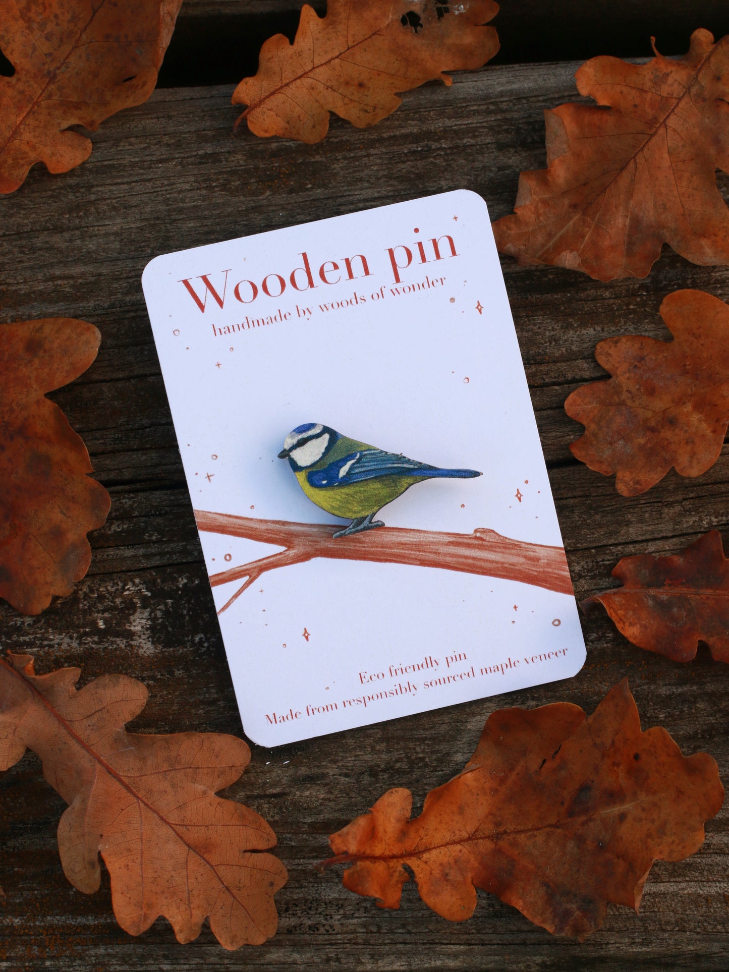 Blue tit pin - wooden bird pin