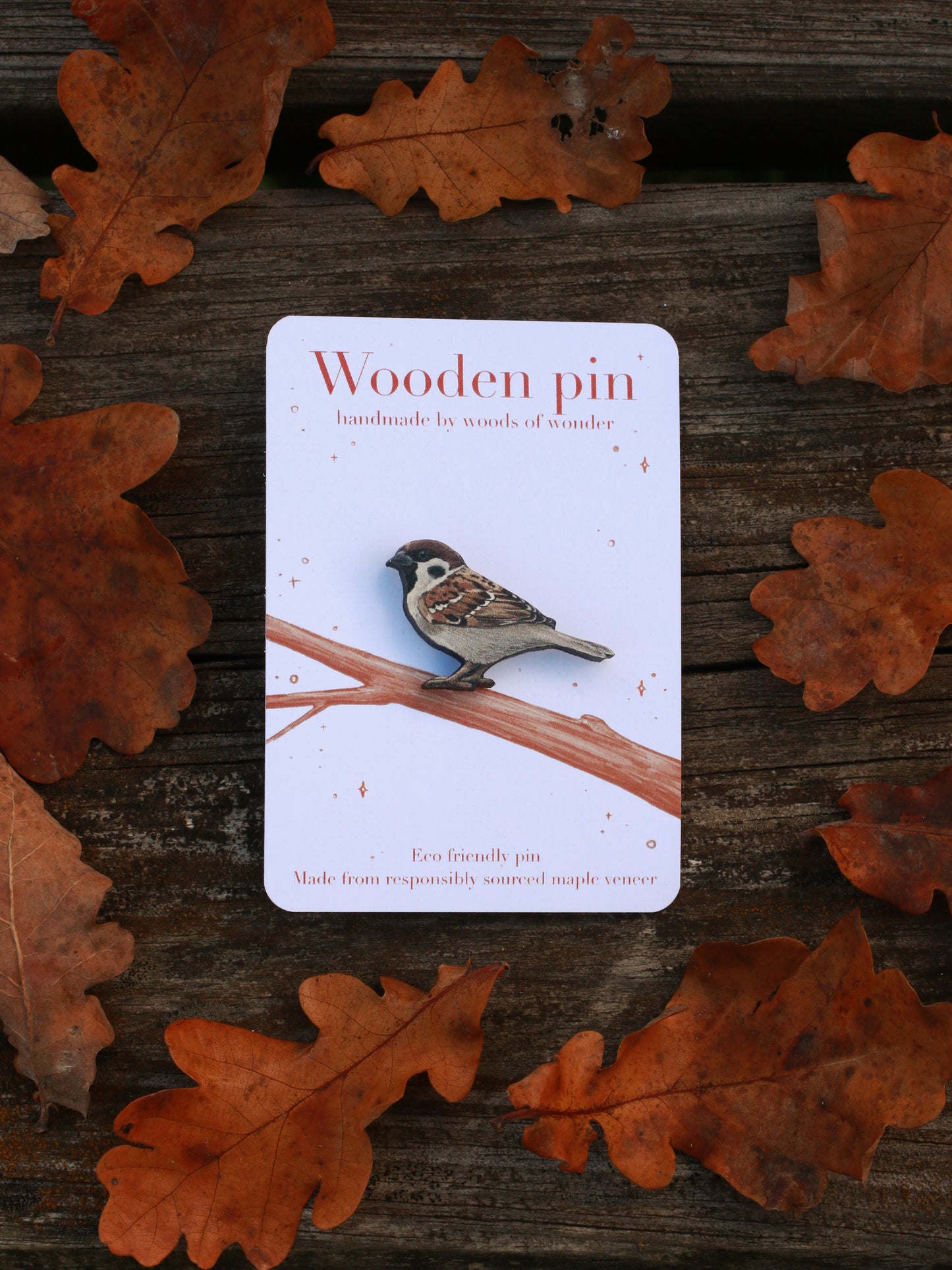 Sparrow pin - wooden bird pin