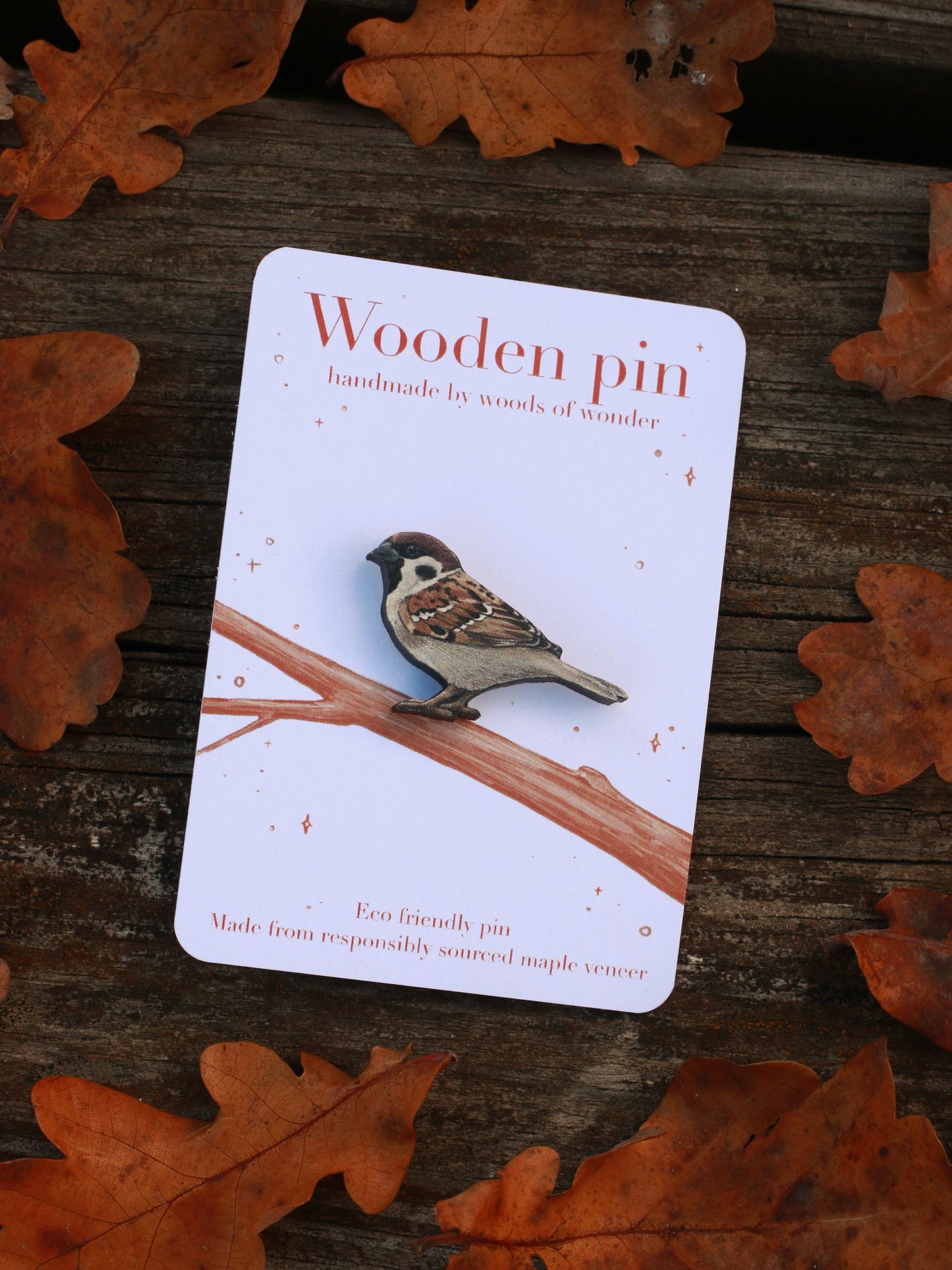 Sparrow pin - wooden bird pin