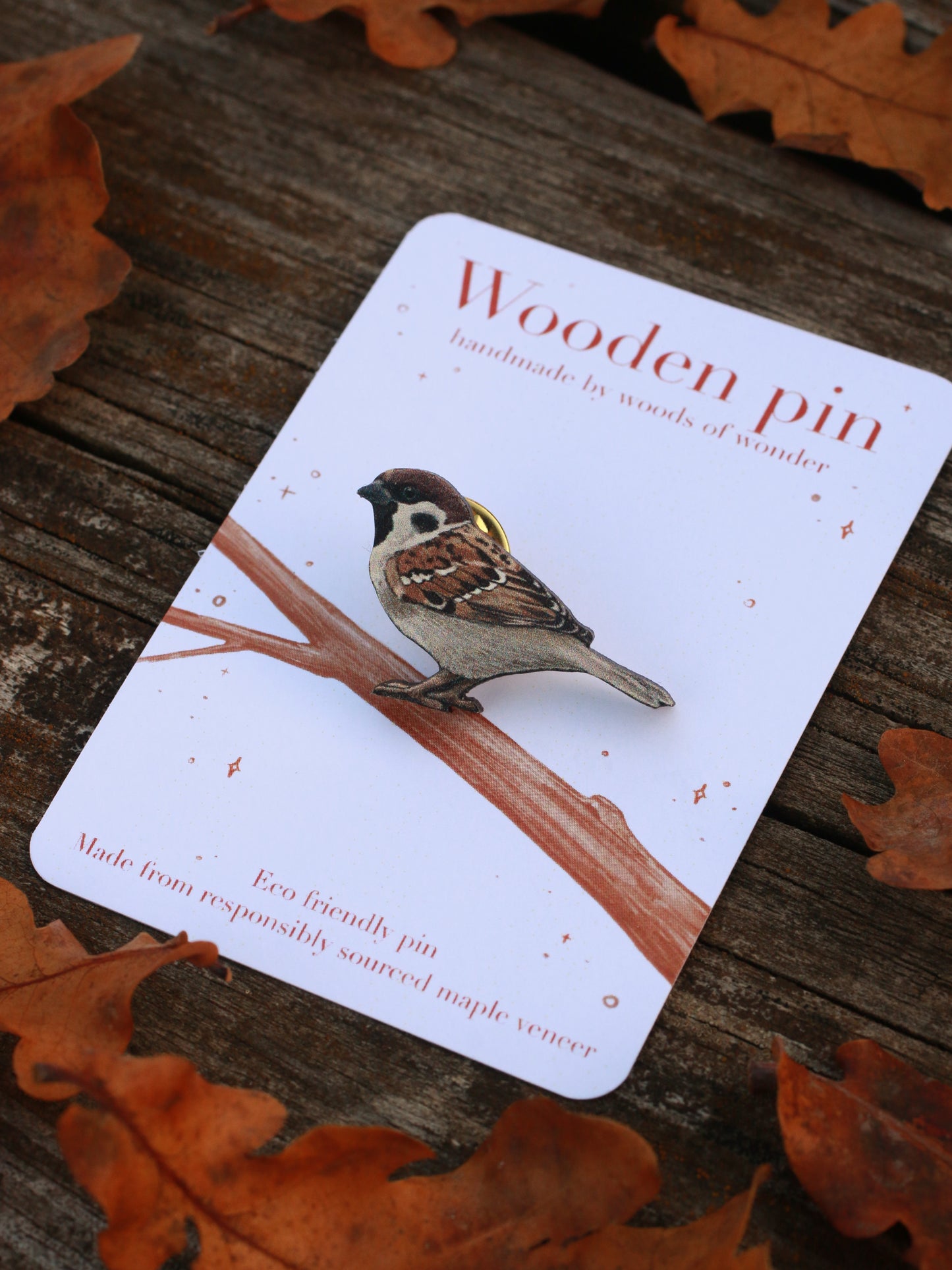 Sparrow pin - wooden bird pin