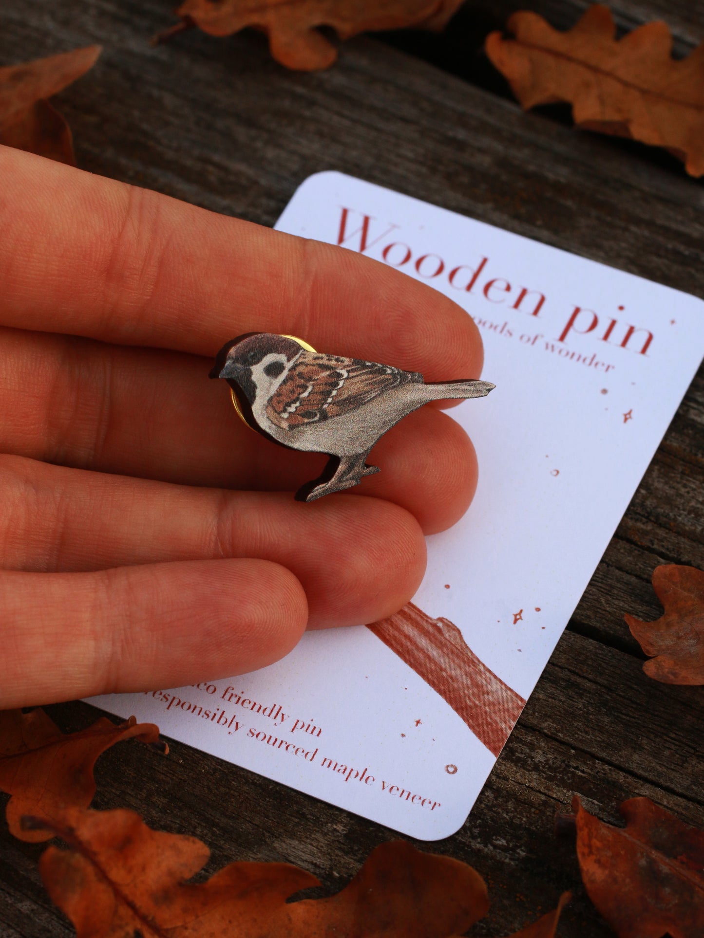 Sparrow pin - wooden bird pin