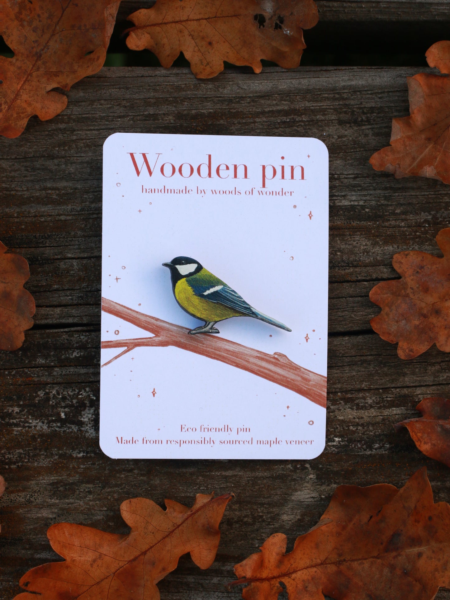 Great tit pin - wooden bird pin