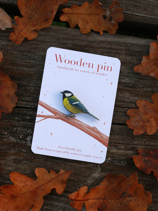 Great tit pin - wooden bird pin