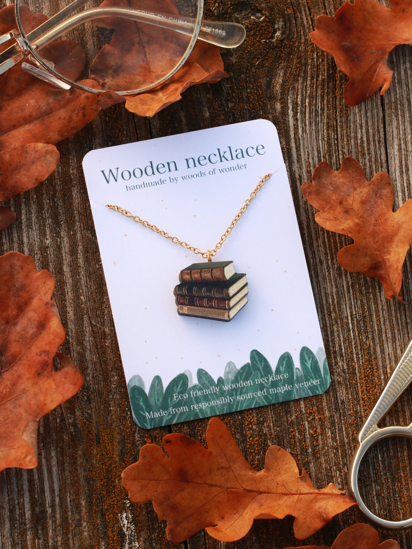 Book stack necklace - wooden book pendant