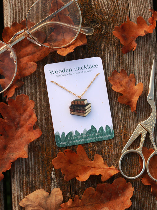 Book stack necklace - wooden book pendant