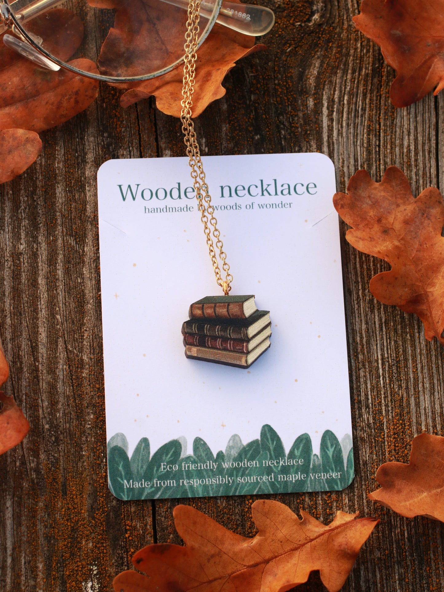 Book stack necklace - wooden book pendant