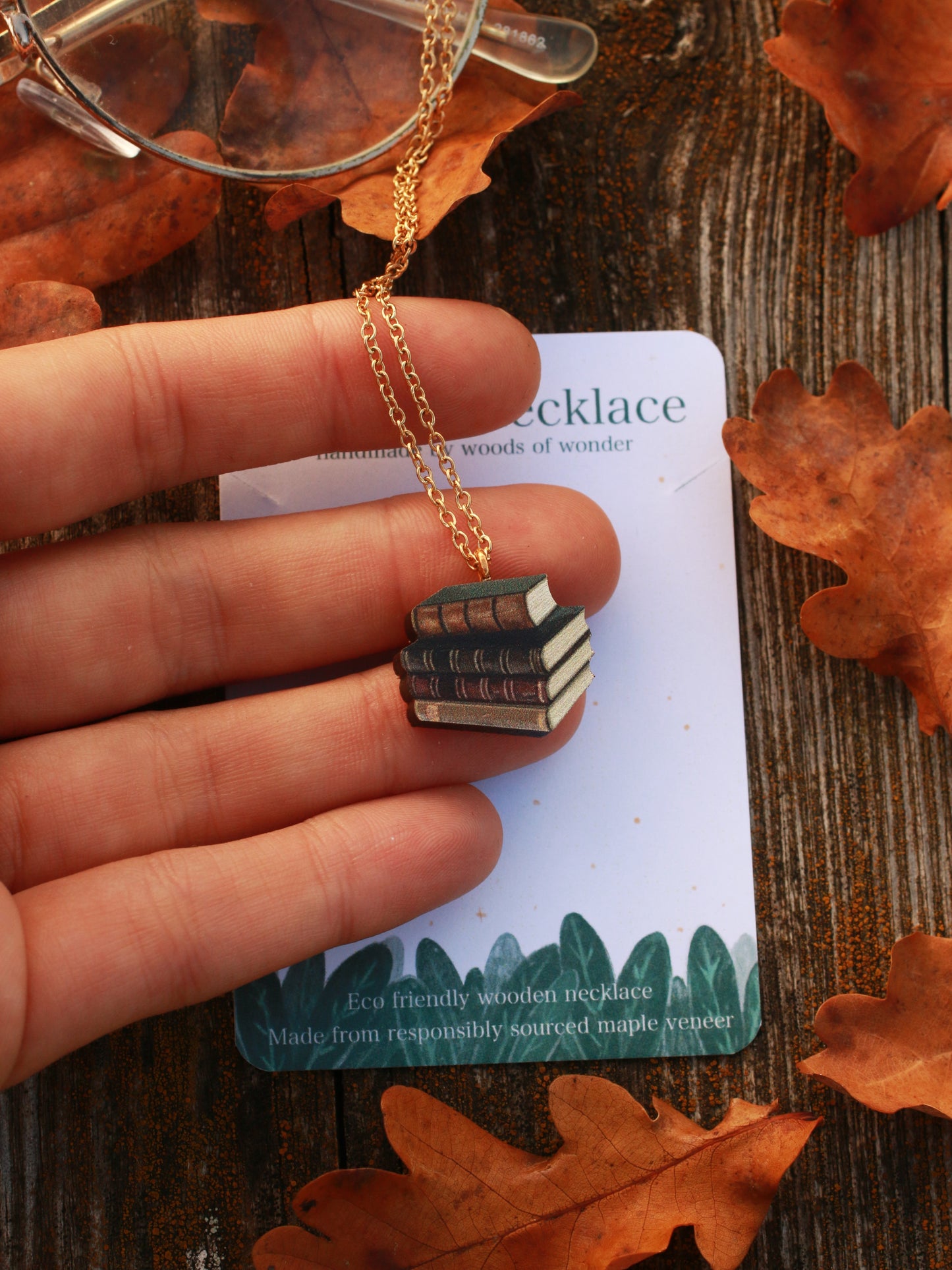 Book stack necklace - wooden book pendant