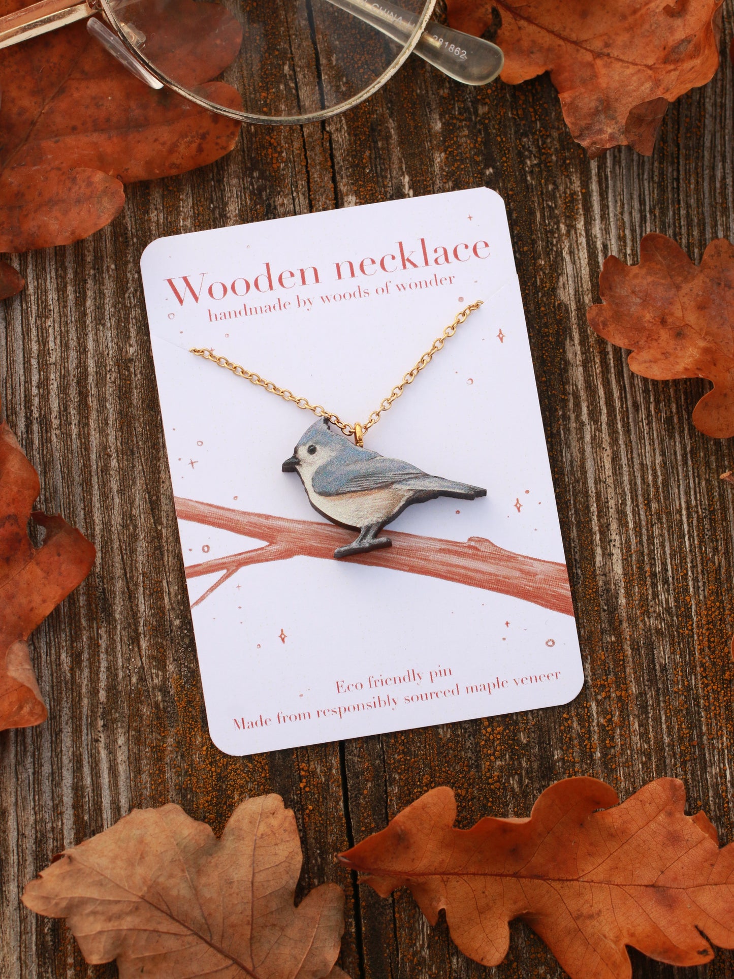 Tufted titmouse necklace - wooden bird pendant