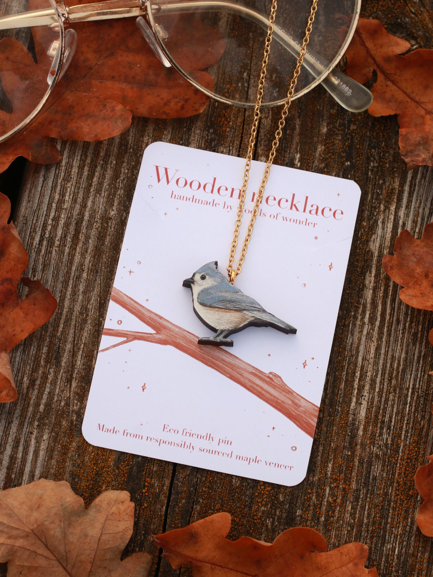 Tufted titmouse necklace - wooden bird pendant