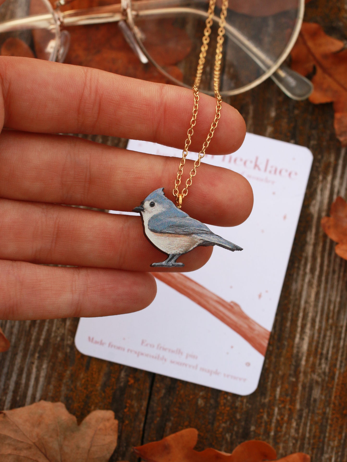 Tufted titmouse necklace - wooden bird pendant