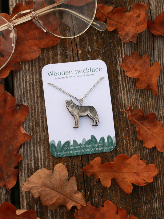 Wolf necklace - wooden grey wolf pendant