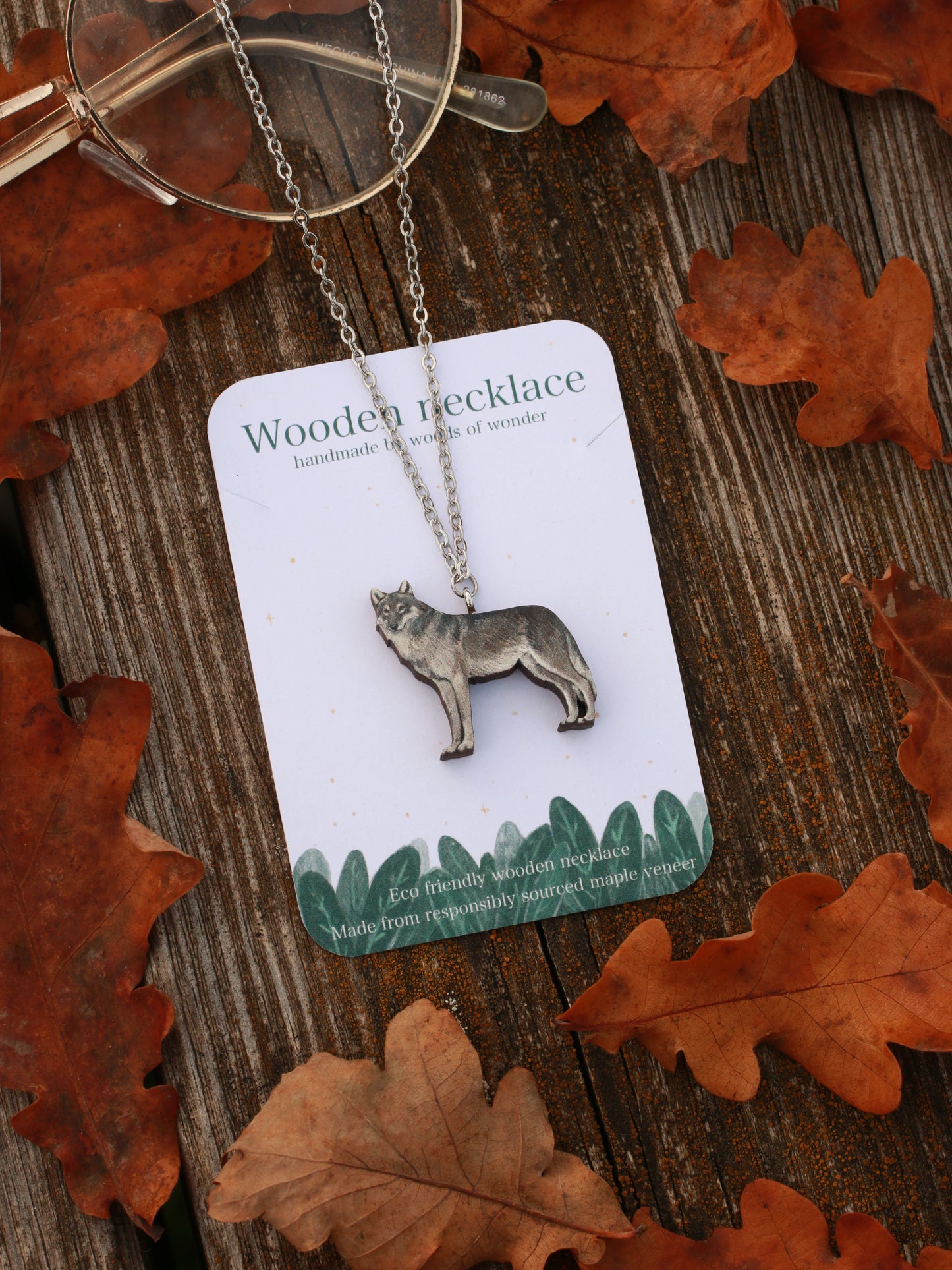 Wolf necklace - wooden grey wolf pendant