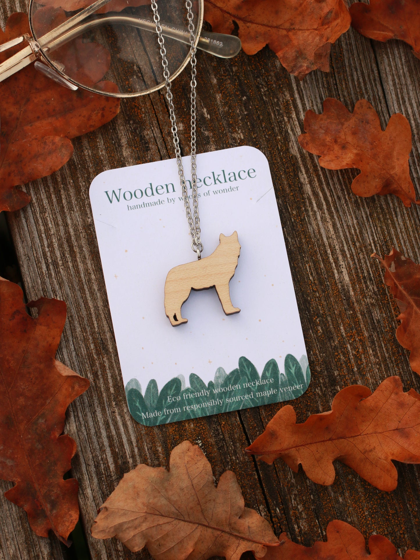 Wolf necklace - wooden grey wolf pendant