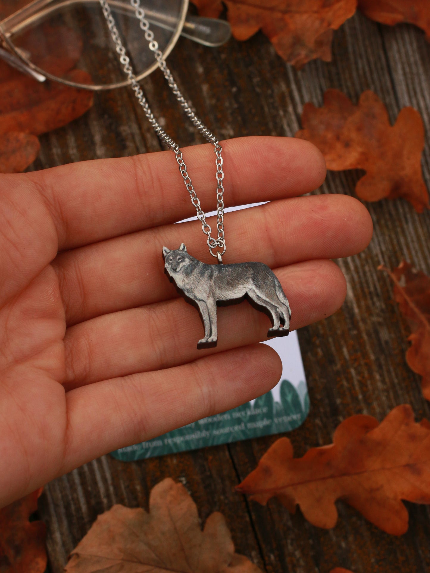 Wolf necklace - wooden grey wolf pendant