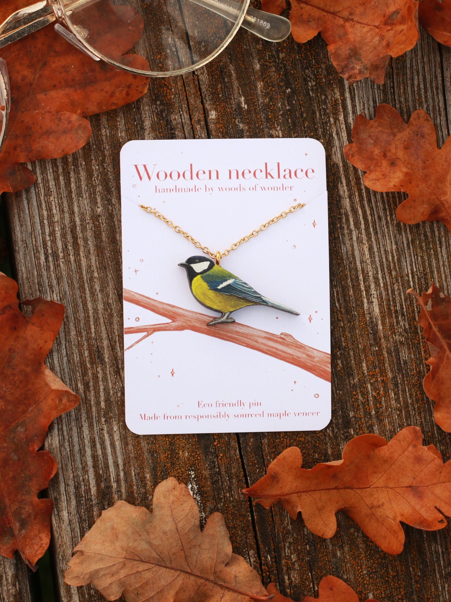 Great tit necklace - wooden bird pendant