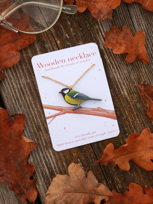 Great tit necklace - wooden bird pendant