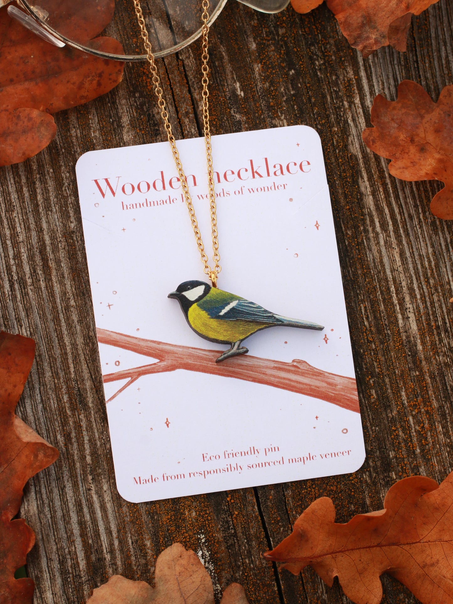 Great tit necklace - wooden bird pendant