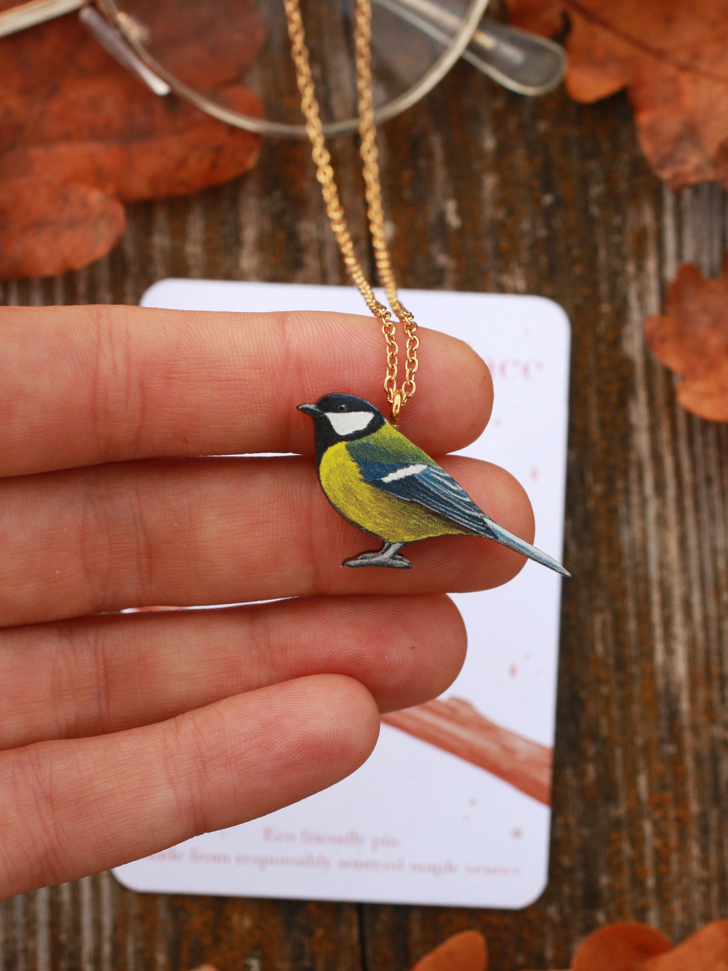 Great tit necklace - wooden bird pendant