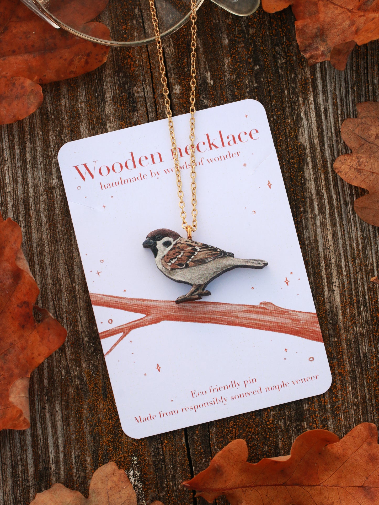 Sparrow - wooden bird necklace