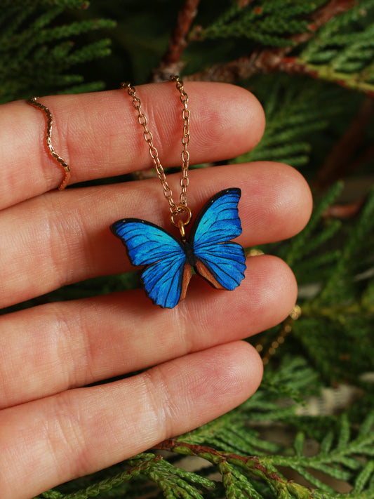 Blue Morpho butterfly - wooden necklace