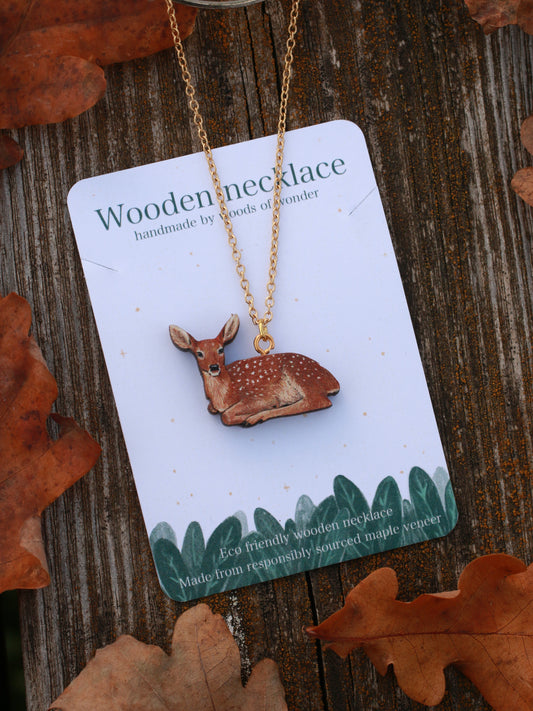 Resting deer wooden necklace