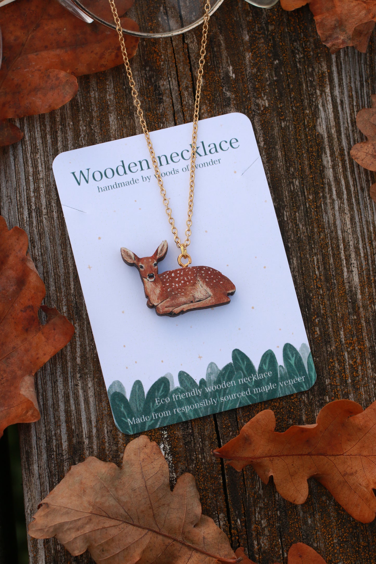 Resting deer wooden necklace